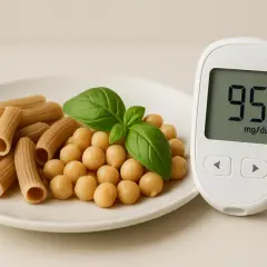 Piatto con pasta integrale e ceci, accanto a un glucometro che segna 95 mg/dL. Attenzione agli alimenti che alzano la glicemia.