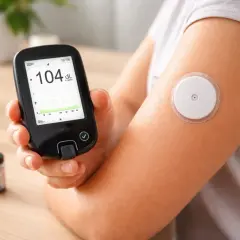 Un braccio con un sensore per il monitoraggio del glucosio e un misuratore glicemia ultima generazione che mostra 104 dL.