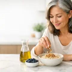Donna in menopausa sceglie una dieta sana per il colesterolo alto, aggiungendo noci all'avena.