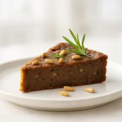 Fetta di torta di castagne con pinoli e rosmarino. Un dolce gustoso, ma attenzione alla glicemia!