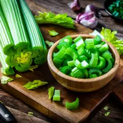 Sedano fresco, tagliato e intero, pronto per essere gustato come verdure che non gonfiano la pancia. Sullo sfondo, aglio, erbe e olio d'oliva.