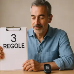 Uomo con tavoletta "3 Regole" e glucometro. Scopri i trucchi per abbassare la glicemia e mantenere i valori sotto controllo.
