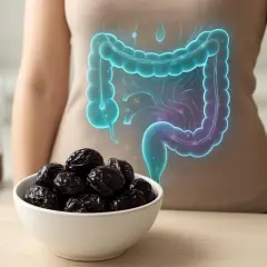 Prugne secche, un rimedio naturale per la stitichezza, mostrate accanto a un'illustrazione dell'intestino umano.