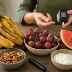 Frutta secca, uva, banane, anguria e yogurt. Una persona controlla la glicemia con un glucometro, suggerendo un'alimentazione attenta per la gestione del diabete.
