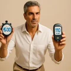 Uomo con glucometro (110) e cronometro (1500). Valori glicemia dopo camminata.