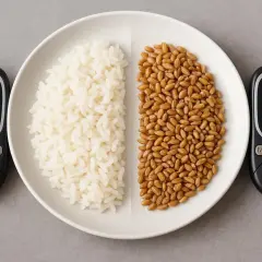 Piatto diviso: riso bianco (indice glicemico 140) e chicchi di grano (indice glicemico 115). Scegliere cereali a basso indice glicemico per una dieta sana.