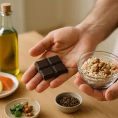 Un pezzo di cioccolato fondente in mano, accanto a una ciotola di fiocchi d'avena e mandorle. Un pasto equilibrato per gestire il colesterolo.