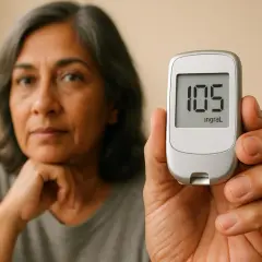 Donna preoccupata guarda il glucometro che segna 105. Le infiammazioni alzano la glicemia, un problema da non sottovalutare.