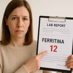 Donna preoccupata indica un referto con emocromo perfetto ma ferritina bassa, valore 12.