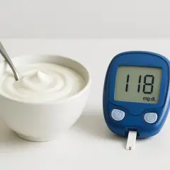 Ciotola di yogurt e glucometro con valore 118. Un'opzione salutare per chi cerca yogurt per diabetici.