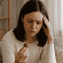 Donna con cioccolatino in mano, fronte corrugata, mano sulla tempia. Affrontare la fame nervosa cosa fare.