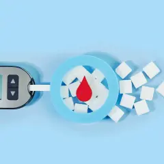 Glucosio alto, glicemia a 500. Misuratore di glicemia, zollette di zucchero e goccia di sangue su sfondo azzurro.