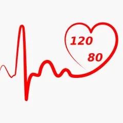 Grafico di un elettrocardiogramma con un cuore rosso che mostra 120/80, indicando le pulsazioni al minuto.