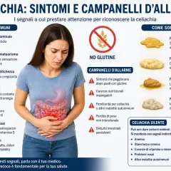 La celiachia danneggia i villi intestinali, causando sintomi come dolori addominali e diarrea. L'immagine illustra i segnali da non sottovalutare.