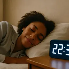 Donna dorme serenamente, l'orologio segna 22:30. Dormire fa dimagrire, un segreto per il benessere.
