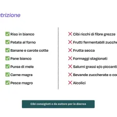 Lista di cibi consigliati (riso, patate, banane, pane, mele, carne, pesce) e da evitare (fibre, fermentati, frutta secca, formaggi, salumi, bevande zuccherate, alcolici) per capire cosa mangiare con la gastroenterite.