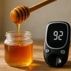 Miele che cola da un bastoncino in un barattolo, accanto a un glucometro con la lettura 92. Riflessione sull'indice glicemico del miele.