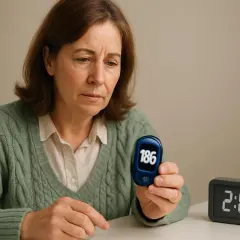 Donna preoccupata guarda il glucometro: glicemia 186 dopo mangiato. L'orologio segna le 2:00.