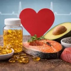 Alimenti ricchi di omega 3 e integratori, con cuore e battito cardiaco stilizzati, per la salute del colesterolo.
