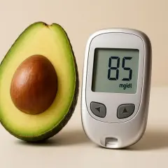 Avocado accanto a un glucometro che segna 85 mg/dL, suggerendo un controllo della glicemia.