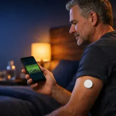 Uomo controlla smartphone con grafico glicemia, monitorando possibili sintomi di glicemia alta di notte.