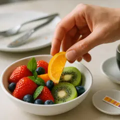 Una mano aggiunge una fetta d'arancia a una ciotola di fragole, mirtilli e kiwi. Un'idea sana per la frutta dopo i pasti.