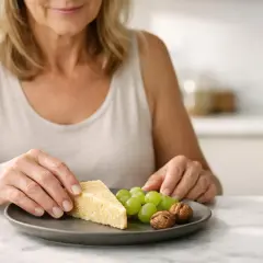 Donna sceglie un pezzo di formaggio, uva e noci. Una sana alimentazione con tabella colesterolo formaggi.