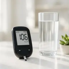 Misurazione glicemia 106 mg/dL a digiuno. Un bicchiere d'acqua e una piccola pianta completano la scena.