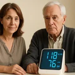 Coppia anziana controlla la pressione. Il dispositivo mostra valori che potrebbero essere confrontati con una tabella frequenza cardiaca per età.