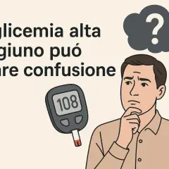 Uomo pensieroso con glucometro che mostra 108. La glicemia alta a digiuno può creare confusione.