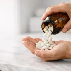 Mani versano capsule da un flacone, preoccupate che il magnesio faccia male al fegato.