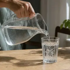 Mano versa acqua da una caraffa in un bicchiere. Attenzione a non bere troppa acqua, ma idratarsi è importante.