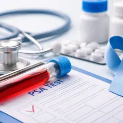 Esame PSA: provetta con sangue, stetoscopio, pillole e nastro blu per la consapevolezza. Un PSA libero basso è un buon segno.