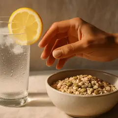 Mano che sfiora una ciotola di fiocchi d'avena e semi, accanto a un bicchiere d'acqua con limone. Ricorda che troppe fibre fanno male.