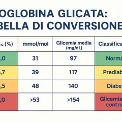 Tabella di conversione emoglobina glicata: un valore di 5,9% indica prediabete, con glicemia media 117 mg/dL.