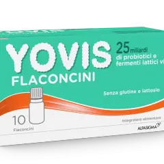 Yovis flaconcini: 25 miliardi di probiotici e fermenti lattici vivi, senza glutine e lattosio. Utile per chi cerca un elenco alimenti che fermentano nell'intestino.