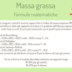 Guida per calcolare la massa grassa con formule matematiche: Deurenberg, Gallagher, Jackson-Pollock. Richiede età, IMC e sesso.
