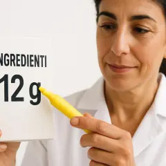 Donna in camice bianco indica con un pennarello giallo la dicitura "12g" su una scatola, evidenziando i carboidrati di cui zuccheri.