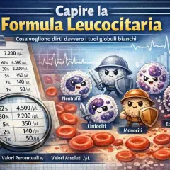 Illustrazione che spiega la formula leucocitaria, con globuli bianchi antropomorfi e tabelle sui monociti valori normali.