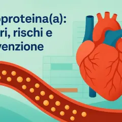 Cuore e arteria con particelle lipidiche. Testo: Lipoproteina(a): valori, rischi e prevenzione. Un valore alto di lipoproteina(a) può essere un fattore di rischio cardiovascolare.