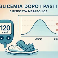 Glicemia dopo 3 ore dal pasto: un glucometro segna 120 mg/dL, con un grafico che mostra l'andamento.