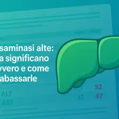 Fegato stilizzato accanto a un grafico con valori ALT e AST. Il testo indica "Transaminasi alte: cosa significano davvero e come abbassarle".