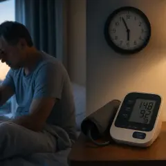 Uomo con mal di testa a letto, vicino a un misuratore di pressione che segna 148/92. La pressione è più alta la mattina o la sera?