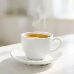 Tazza di caffè fumante su un piattino bianco. Attenzione, il caffè fa male al fegato se consumato in eccesso.