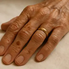 Mano anziana con macchie solari, simili a **palmi mani rosse fegato**, indossa un anello d'oro.