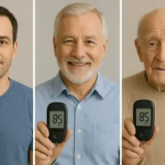 Uomini di diverse età mostrano un glucometro con valore 85, indicando glicemia valori normali per età.