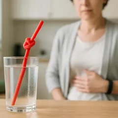 Donna con mano sullo stomaco, simbolo di un nodo allo stomaco. Bicchiere d'acqua con cannuccia annodata.