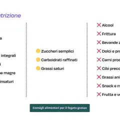 Consigli alimentari per il fegato grasso: sì a verdura, frutta, legumi, proteine magre e grassi insaturi. No ad alcool, fritti, zuccheri, carni processate e grassi animali.