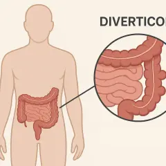 Illustrazione anatomica che mostra cosa sono i diverticoli: piccole sacche che sporgono dalla parete del colon.