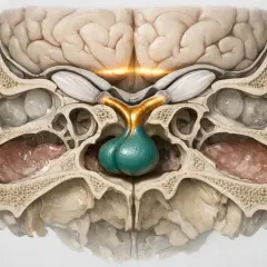 Sezione anatomica del cervello con ipofisi verde brillante. I valori normali di prolattina sono essenziali per la salute.
